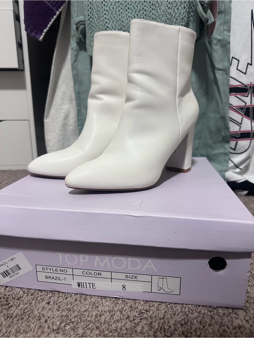 TOP Moda White Pointed Toe Mid-Calf Block Heel Ankle Boots